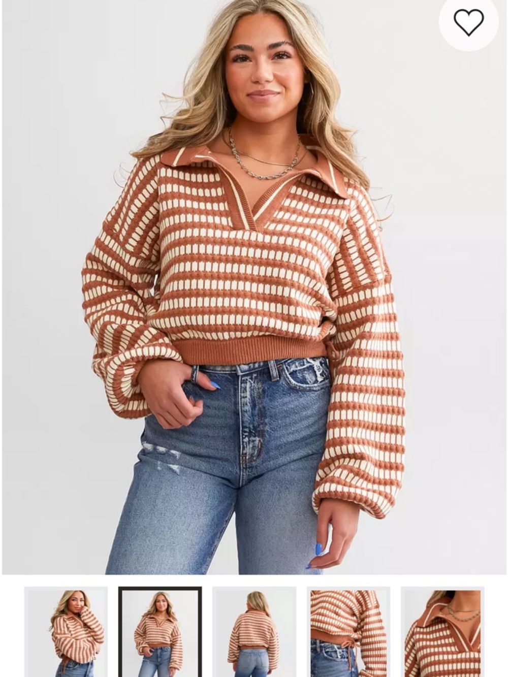 Striped V-Neck Collared Sweater in Orange and Cream